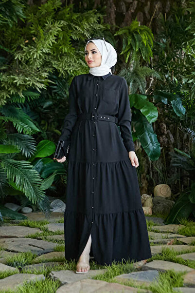 Neways 6564-Krep Düğmeli Fırfırlı Elbise Siyah