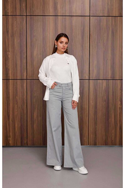 Neways 1067-Denim Bol Paça Pantolon Açık Gri