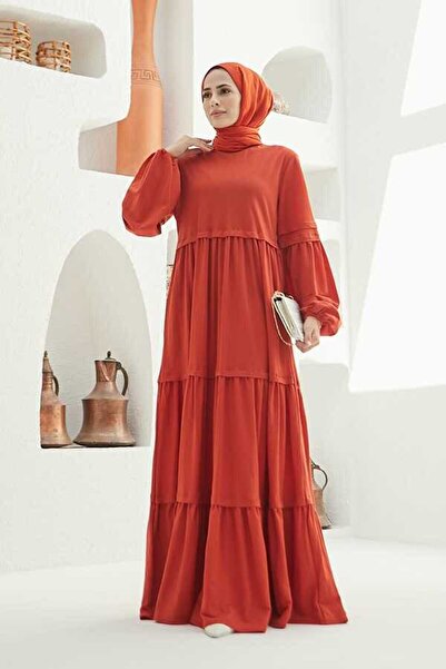 Neways 6510-Ancelina Büzgülü Elbise Kiremit