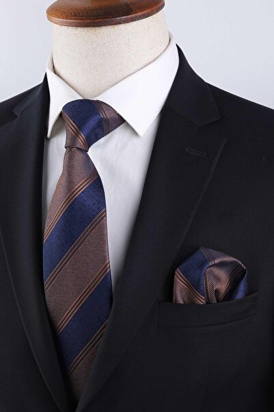 Kravatkolik Καφέ - Μαντήλι με μοτίβο μπλε γραμμής Κλασική γραβάτα KK13148