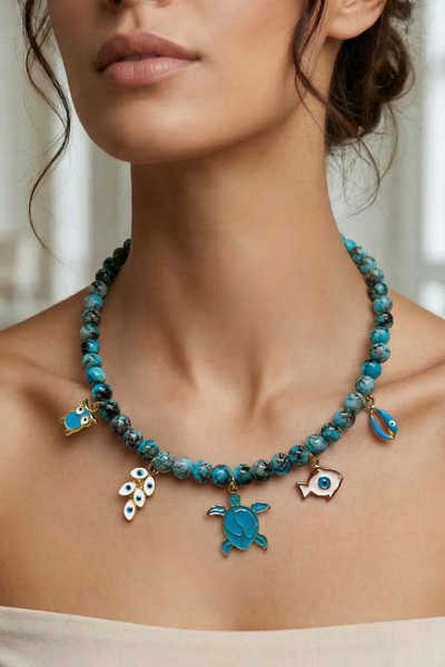 PETEK AKSESUAR TURKUAZ ALAÇATI CAM BONCUK GÖZ CHARM KOLYE