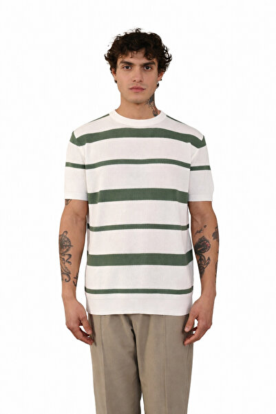 İLKCET MODA Premium oversized Πράσινο Ριγέ Πλεκτό Μπλουζάκι