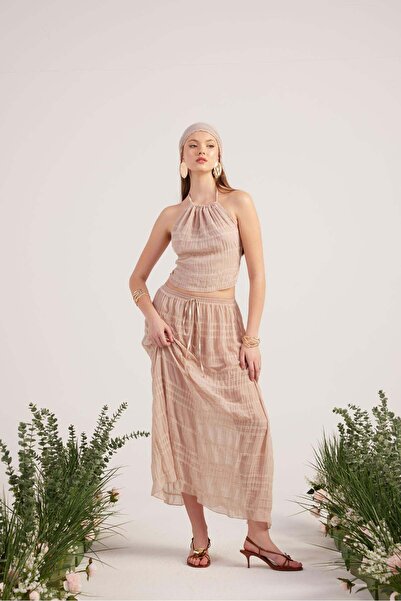 HOLLY LOLLY Shawl Detailed Skirt Blouse Triple Bohemia Suit Beige