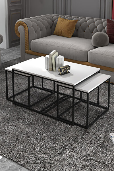 GOLDFALEZ Orta Sehpa Ve Zigon Yan Sehpa Flora Set Beyaz