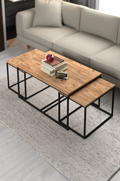 GOLDFALEZ Orta Sehpa Ve Zigon Yan Sehpa Flora Set Atlantik Çam