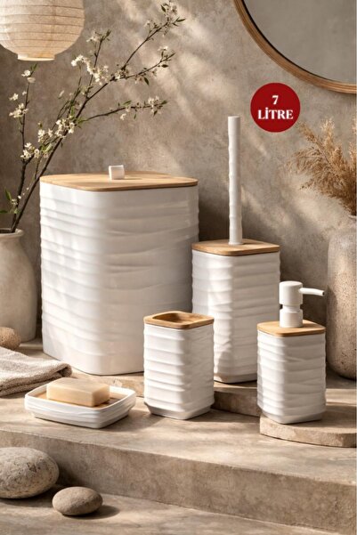 Store HGY Home Gerçek Bambu Detaylı Luna Beyaz 5'li Banyo Seti