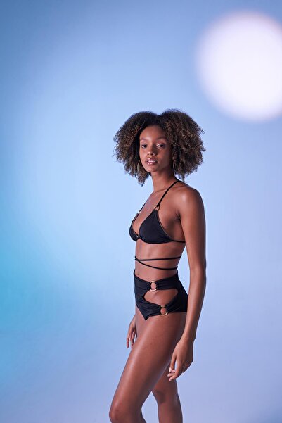 HOLLY LOLLY Black Delphi Bikini Bottom - High Waist and Accessory Detail