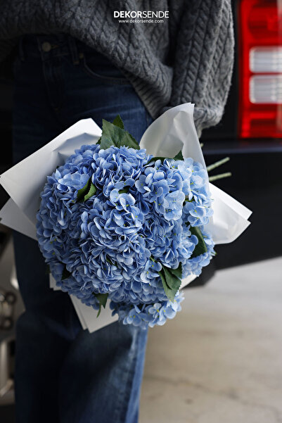 Dekorsende Yapay Ortanca Demeti Islak Dokulu 43 cm Koyu Mavi