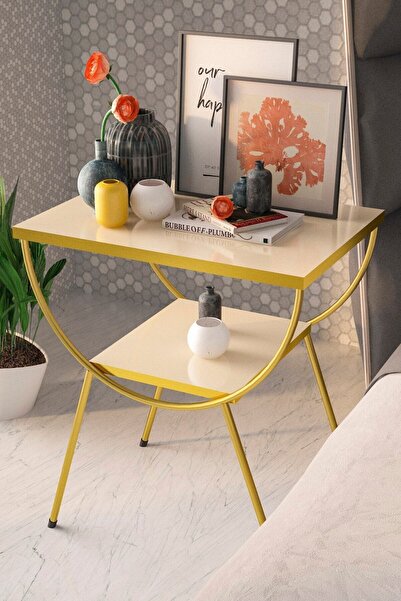 GOLDFALEZ Yan Sehpa Komodin Metal Ayak Gold Krem