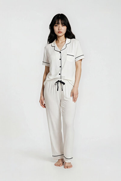 Ecrou Women's Ecru Plain Viscose Peter Pan collar Short Sleeve Trousers Pajam...