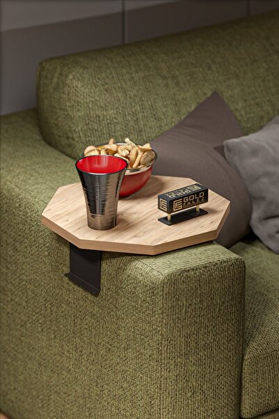 GOLDFALEZ Yan Sehpa Ayarlanabilir Tepsi Dekoratif Modern Tepsi Sekizgen Ceviz