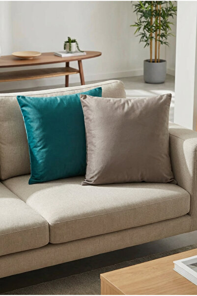 ASDİVA طقم غطاء وسادة مخملي مزخرف مكون من قطعتين - أرضي وبنزين داكن 45×45 سم