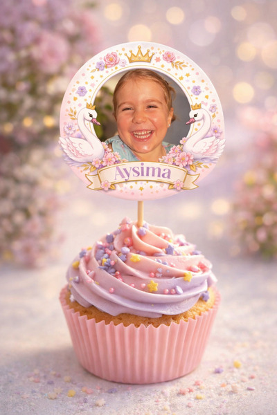 Hayali Çizgili Kişiye Özel Kuğu Temalı 6 Adet Cupcake Süsü 8 cm | İsimli Foto...
