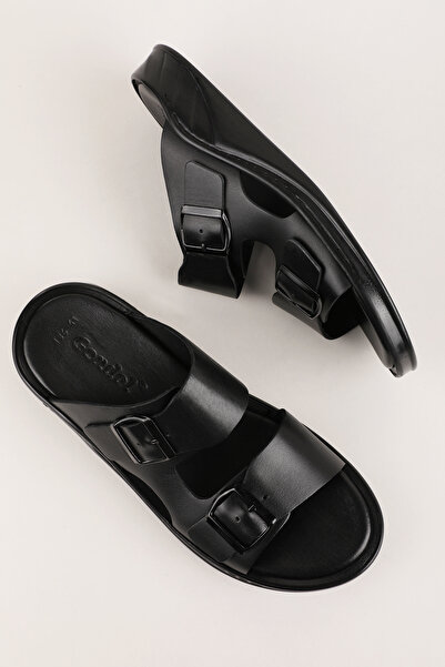 Gondol Men's Genuine Leather Daily Comfortable Sole Slipper Hkm.186 Black