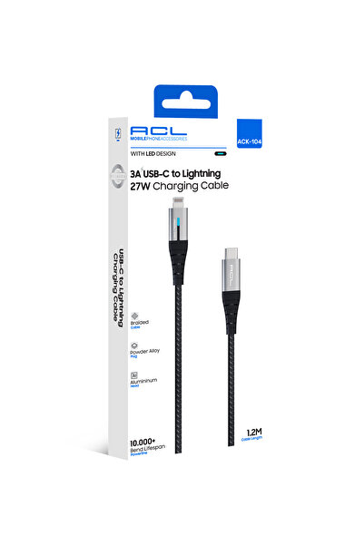 ACL ACK-104 1.2M LED Göstergeli 27W USB-C to Lightning Örgü Şarj ve Veri Kabl...