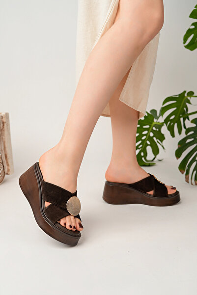 Deripabuc Γνήσιο Δέρμα Καφέ Σουέτ Γυναικεία Δερμάτινο Παντόφλες DP26-1723