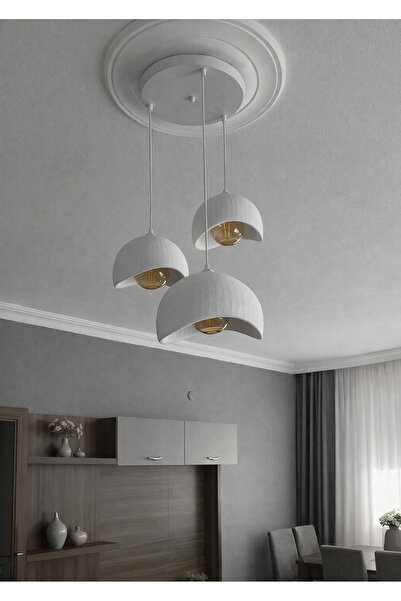 Elmas Print Beton İskandinav &Bohem Tarz 3’lü BEYAZ Avize ( E27 AMPÜL dahildir )