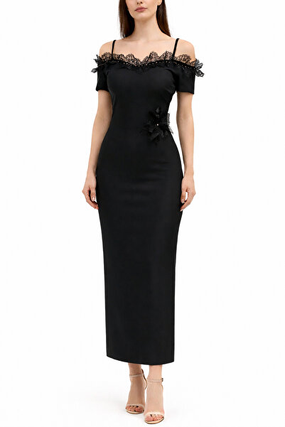Atelier Anca Socolovschi Black Midi Dress with Lace and Off-Shoulder