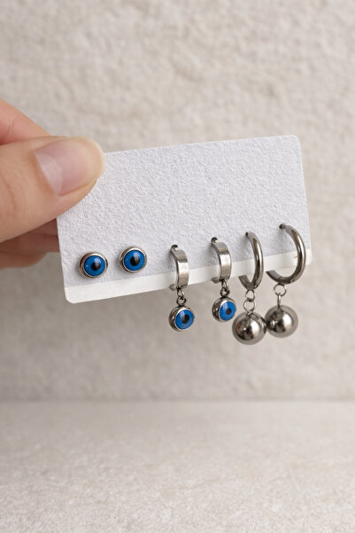 Owentis مجموعة من 6 أقراط عين أديسون فضية من الفولاذ - لا تشويه -