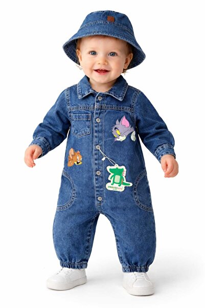 CROCODAYS Unisex Çocuk Bebek Kot (JEANS) Baskılı Şapkalı Tulum (3/6/9/12/18) Ay