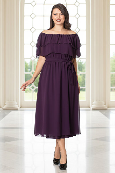 SUBU TASARIM Purple Chiffon Karmen Collar Evening Dress - Tbs918