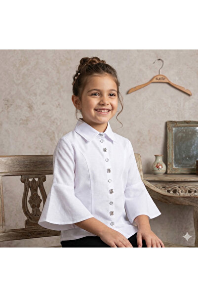 Elayza Cămașă albă pentru fete, 70% bumbac, ornamentată cu perle/ cămașă școa...
