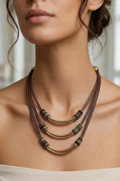 PETEK AKSESUAR DERİ İP ÇOKLU RONDELA KOLYE