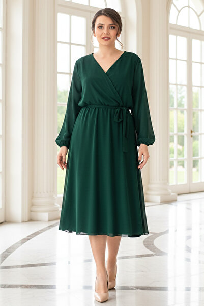 SUBU TASARIM Emerald Chiffon Evening Dress - Belt Detailed Tbs916