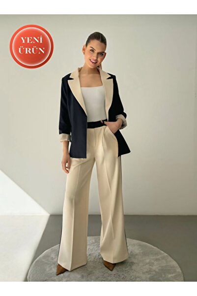 ossons Kontrast Renk Garnili Blazer Ceket Palazzo Pantolon Krem - Lacivert Ka...
