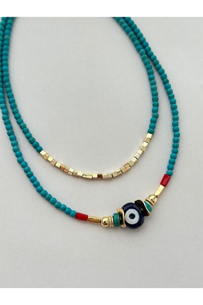 mibrillo Summer Necklace with Cube Beads and Eye Details (Double Necklace, Tr...