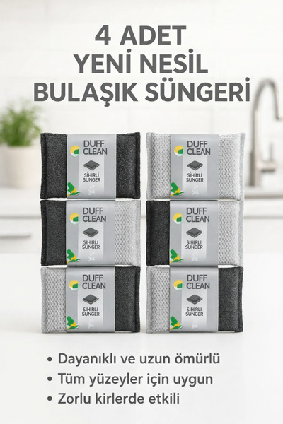 DUFF CLEAN 6 ADE yeni nesil Bulaşık süngeri 3ADET İnox Tel Bez*3ADET Sihirli ...