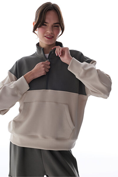Penti Khaki Silky Feel Color Block Sweatshirt