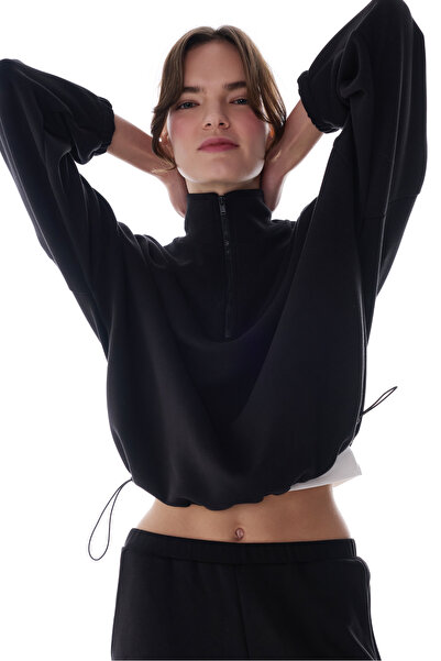 Penti Black Silky Touch Mock Neck Zipper Crop Sweatshirt