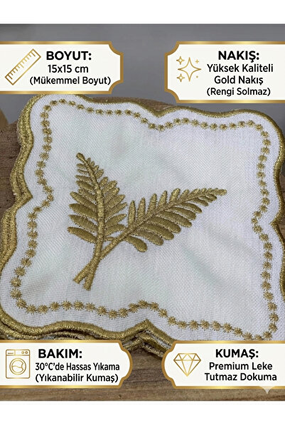 ALPCES Palmiye Gold Yaprağı Nakışlı 6'lı Peçetelik/Supla Sunumluk Seti - Palm...