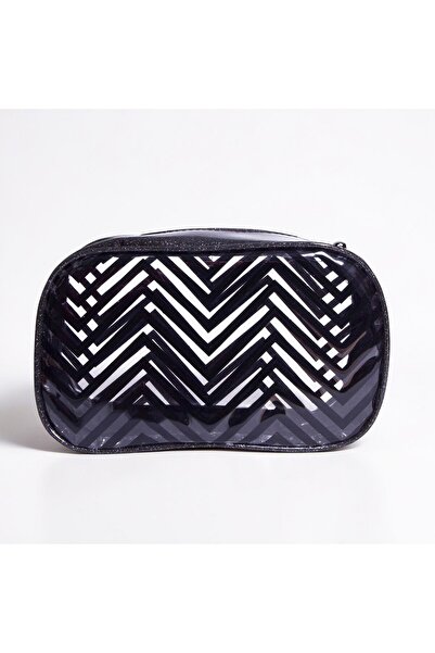 Juene مكياج أسود بيضاوي الشكل من الجلد اللامع حقيبة سي سي / أسود / ذو حافة عريضة