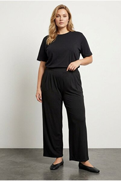 Stil Diva Large Size Pleat Detailed Elastic Waist Pocket Wide Leg Trousers213839