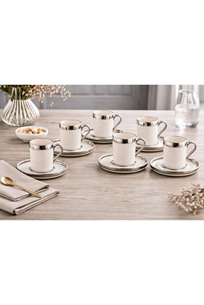 Aslı Hediyelik 6 Kişilik Gümüş Yaldızlı Porselen Fincan Seti 12 Parça Türk Ka...