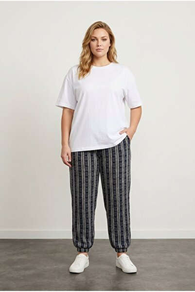 Stil Diva Pantaloni cu buzunare cu dungi cu talie și picior elastic 89-71