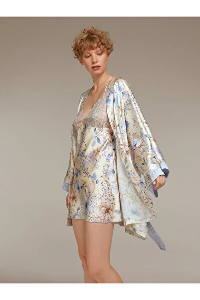 BONJOUR MADAME Bjm-1305 Gecelik & Sabahlık Takımı - Desenli İpek Saten Ekru