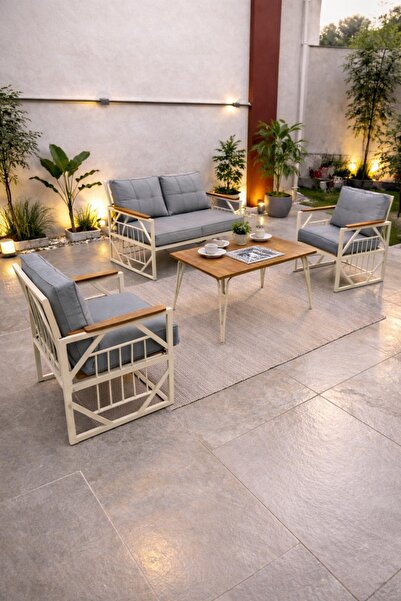 UFUK HOME Violet Cappuccino 2+1+1 Masalı GRİ Minderli Metal Balkon Bahçe Otur...