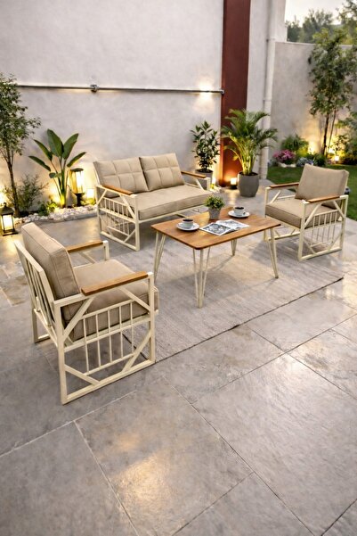 UFUK HOME Violet Cappuccino 2+1+1 Masalı Bej Minderli Metal Balkon Bahçe Otur...