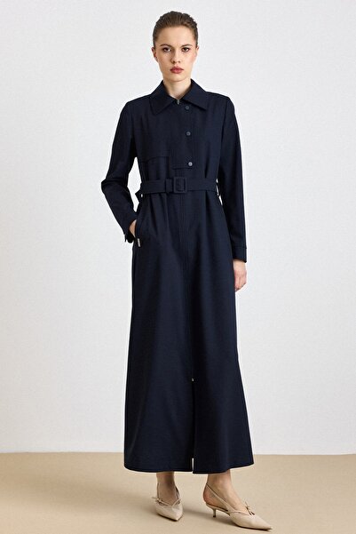 Olcay Fermur Closure with Snap Detail Lined Overcoat Dark Blue 6840