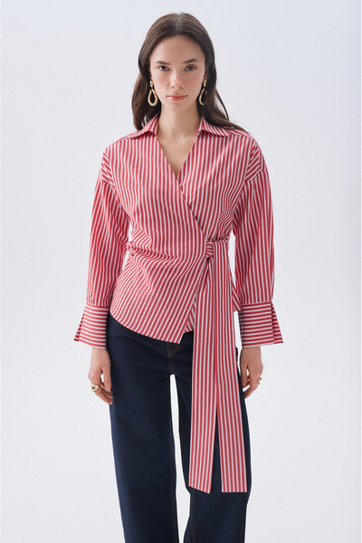 Mudo Striped Double-Breasted Tie-Up Oversize Blouse