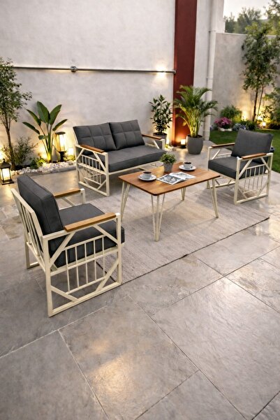 UFUK HOME Violet Cappuccino 2+1+1 Masalı Antrasit Minderli Metal Balkon Bahçe...