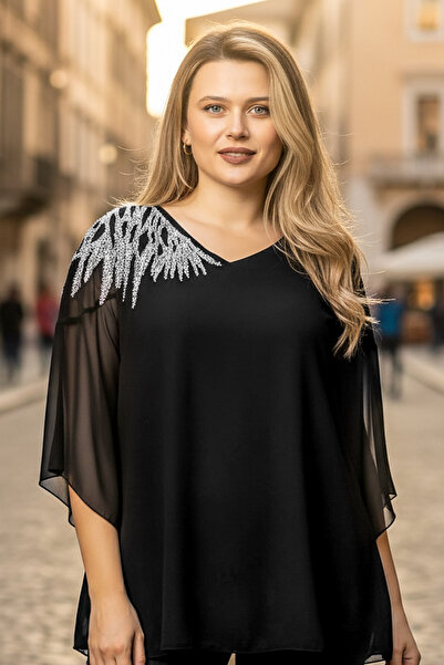 SUBU TASARIM One Shoulder Embroidered Chiffon Blouse Black Tbs972