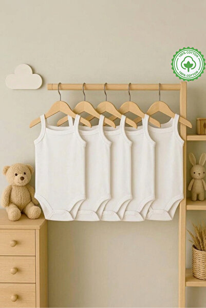 bebeqon %100 Pamuk Askılı Bebek Body 5’li Set Beyaz Çıtçıtlı Zıbın