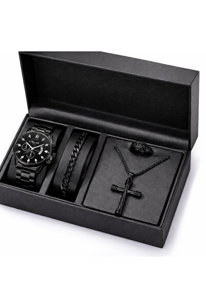 Geneva Set Cadou Bărbați Ceas + Brățară + Lanț + Inel – Accesorii Negre Premi...