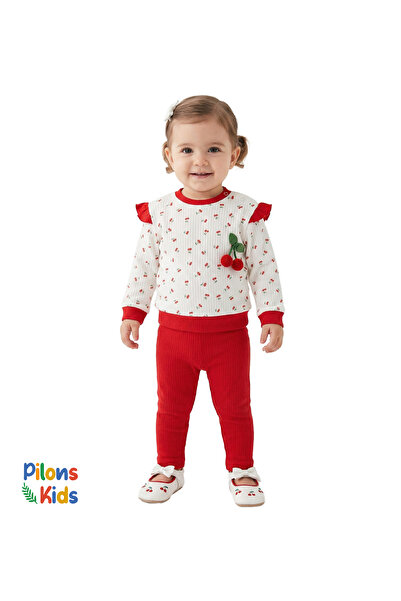 Pilons Kids Kız Bebek Kırmızı Kiraz Desenli 3 Boyutlu Detaylı Yakası Çıtçıtlı...