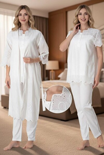Pelin Kadın Keten Fistolu Sabahlıklı Lohusa Hamile Pijama Takım Seti