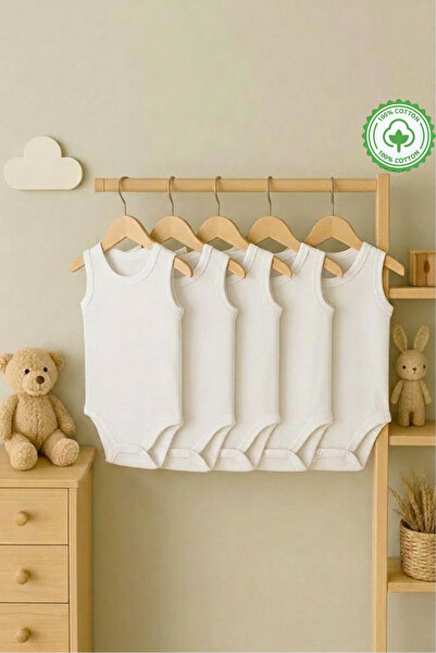 bebeqon %100 Pamuk Kolsuz Bebek Body 5’li Set Beyaz Çıtçıtlı Zıbın